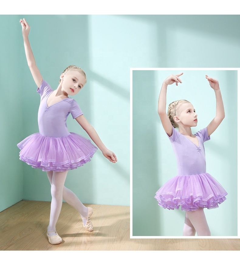 Leotard for Girls Ballet Dance Short Sleeve Full Tulle Tutu Skirted Dress Ballerina Costumes