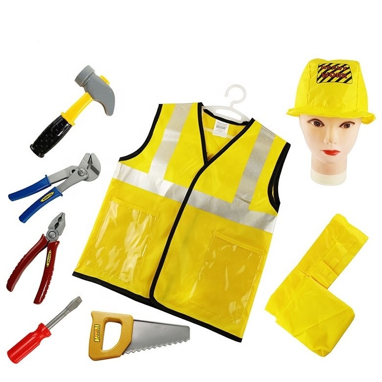 Construction Worker Costumes Kits for Kids Boys Builder Career Outfit Tool Belt Vest Hat Pretend Role Play Toy Set