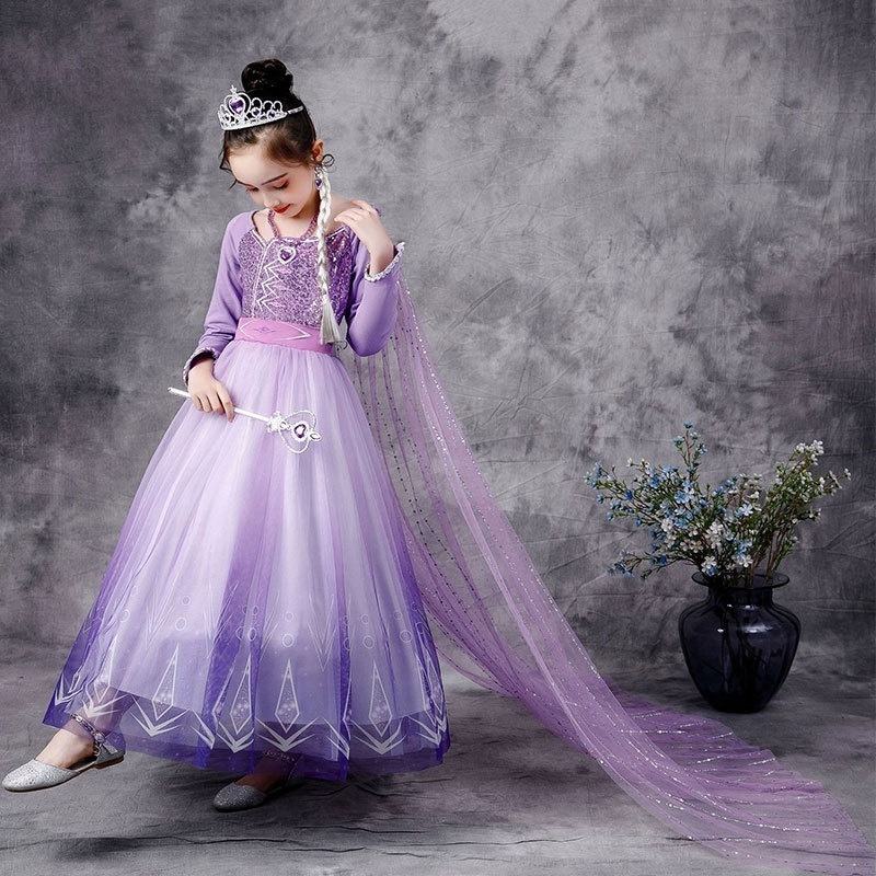 Elsa Costume Girls Purple Princess Dress Snow Queen Outfits With Tiara Wand Necklace For Halloween Christmas Cosplay Party 3-10y