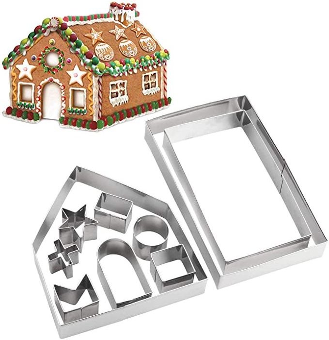 10pcs 3D Gingerbread House Stainless Steel Christmas Scenario Cookie Cutters Set Biscuit Mold Fondant Cutter Baking Tool