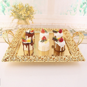 European style luxurious Candy Tray cake Fruit Rectangular metal Food With Handles golden Serving Tray