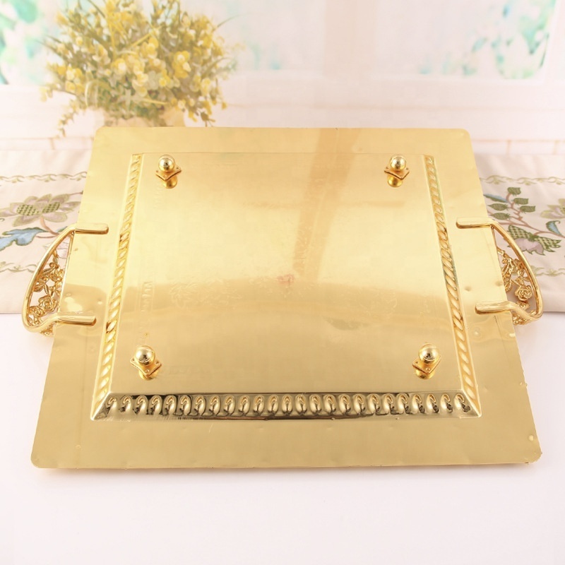 European style luxurious Candy Tray cake Fruit Rectangular metal Food With Handles golden Serving Tray