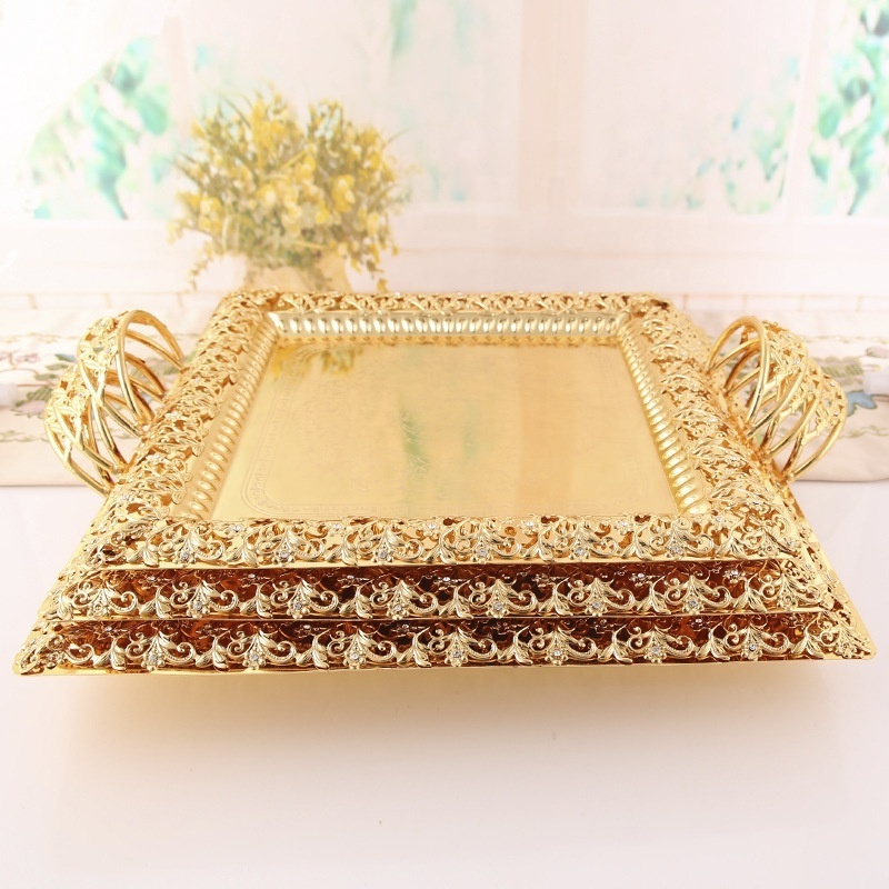 European style luxurious Candy Tray cake Fruit Rectangular metal Food With Handles golden Serving Tray