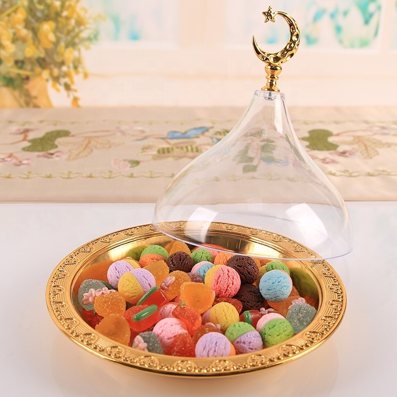 Arabic metal gold plate with acrylic lid, dessert candy plate, fruit tray