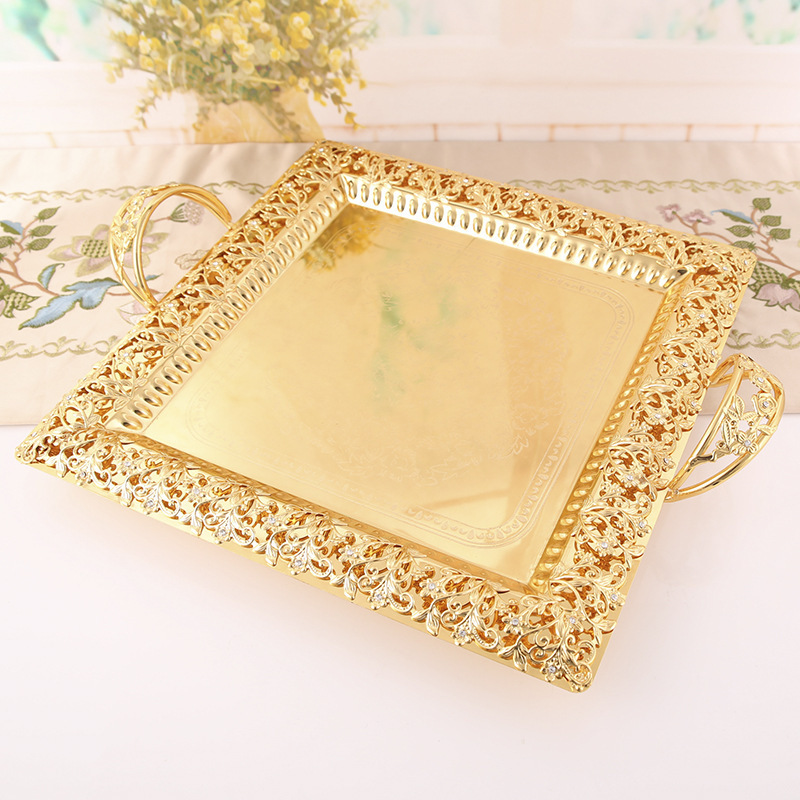 European style luxurious Candy Tray cake Fruit Rectangular metal Food With Handles golden Serving Tray