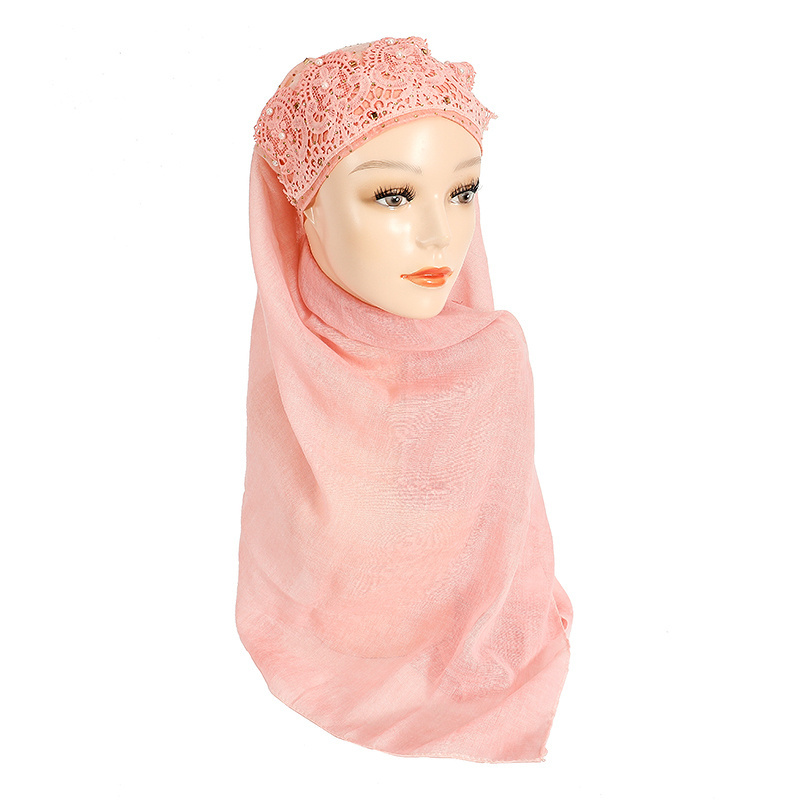 Pink plain islamic prayer hijab shawl long soft embroidered lace multicolor hijab muslim hat with pearls rhinestones for women