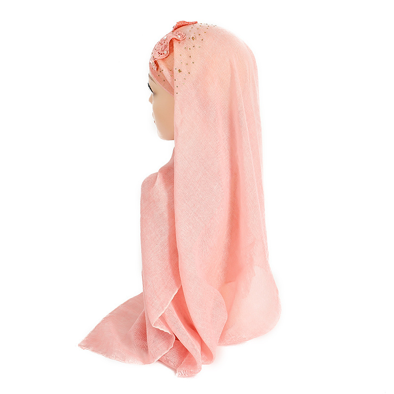 Pink plain islamic prayer hijab shawl long soft embroidered lace multicolor hijab muslim hat with pearls rhinestones for women