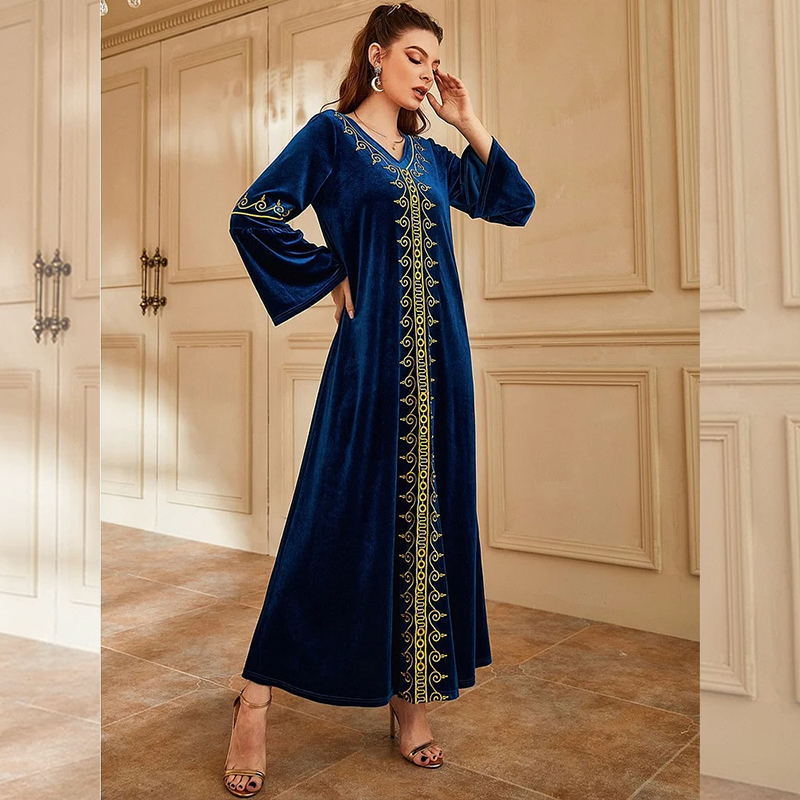 Hot Selling Fashion Trendy Muslim Long Dress Women's Flared Sleeve V-neck Gold Embroidered Muslim Dress Costume