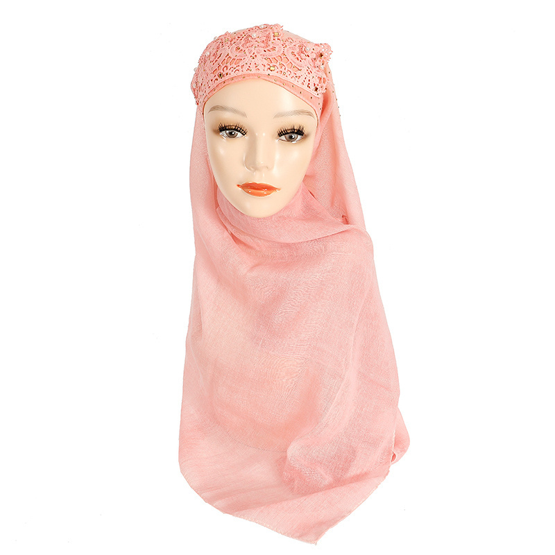 Pink plain islamic prayer hijab shawl long soft embroidered lace multicolor hijab muslim hat with pearls rhinestones for women