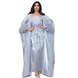 New design abaya dress women's feather pressed diamond chiffon three-piece traditional middle eastern clothing  abaya dress