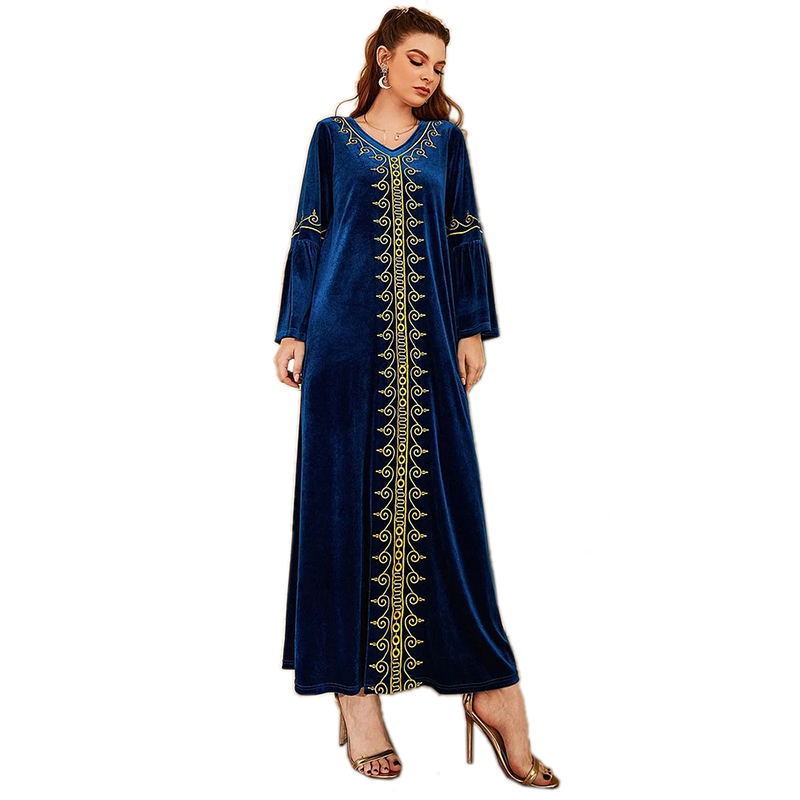 Hot Selling Fashion Trendy Muslim Long Dress Women's Flared Sleeve V-neck Gold Embroidered Muslim Dress Costume