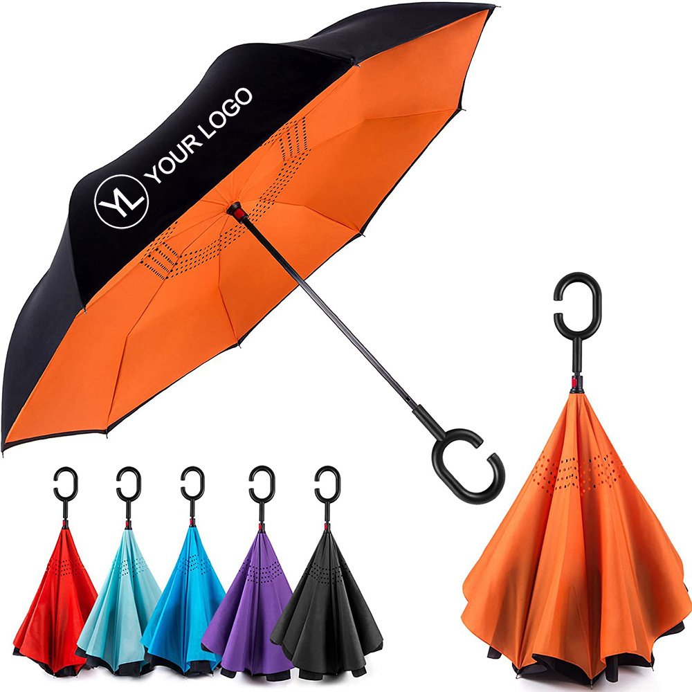 Double Layer Inverted Umbrellas C Shaped Handle Reverse Windproof Straight Car Upside Down Umbrella