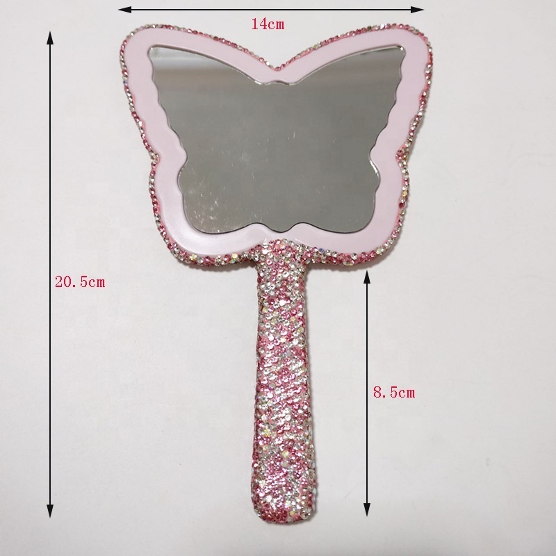 2024 new butterfly shape luxury shining makeup mirror portable bling diamond rhinestone handheld mirror salon mirror