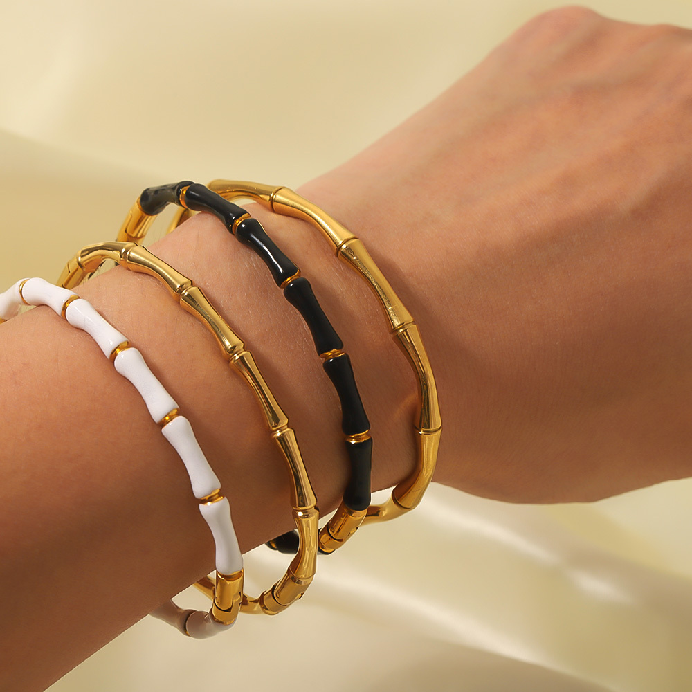 Ins Styles Stainless Steel Waterproof Jewelry White Black Colorful Bamboo Cuff Bangles For Women Tarnish Free Jewelry