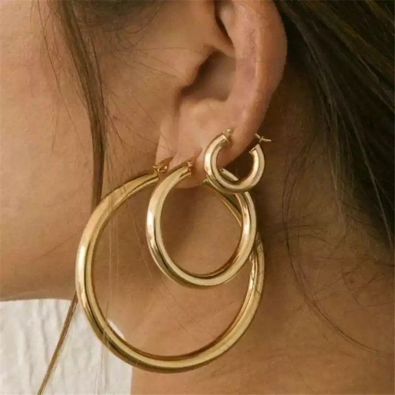 Simple Jewelry Stainless Steel 18K Gold Plated Thick Chunky Round Circle Drop Large Hoop Earrings For Women