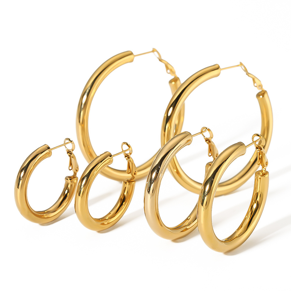 Simple Jewelry Stainless Steel 18K Gold Plated Thick Chunky Round Circle Drop Large Hoop Earrings For Women