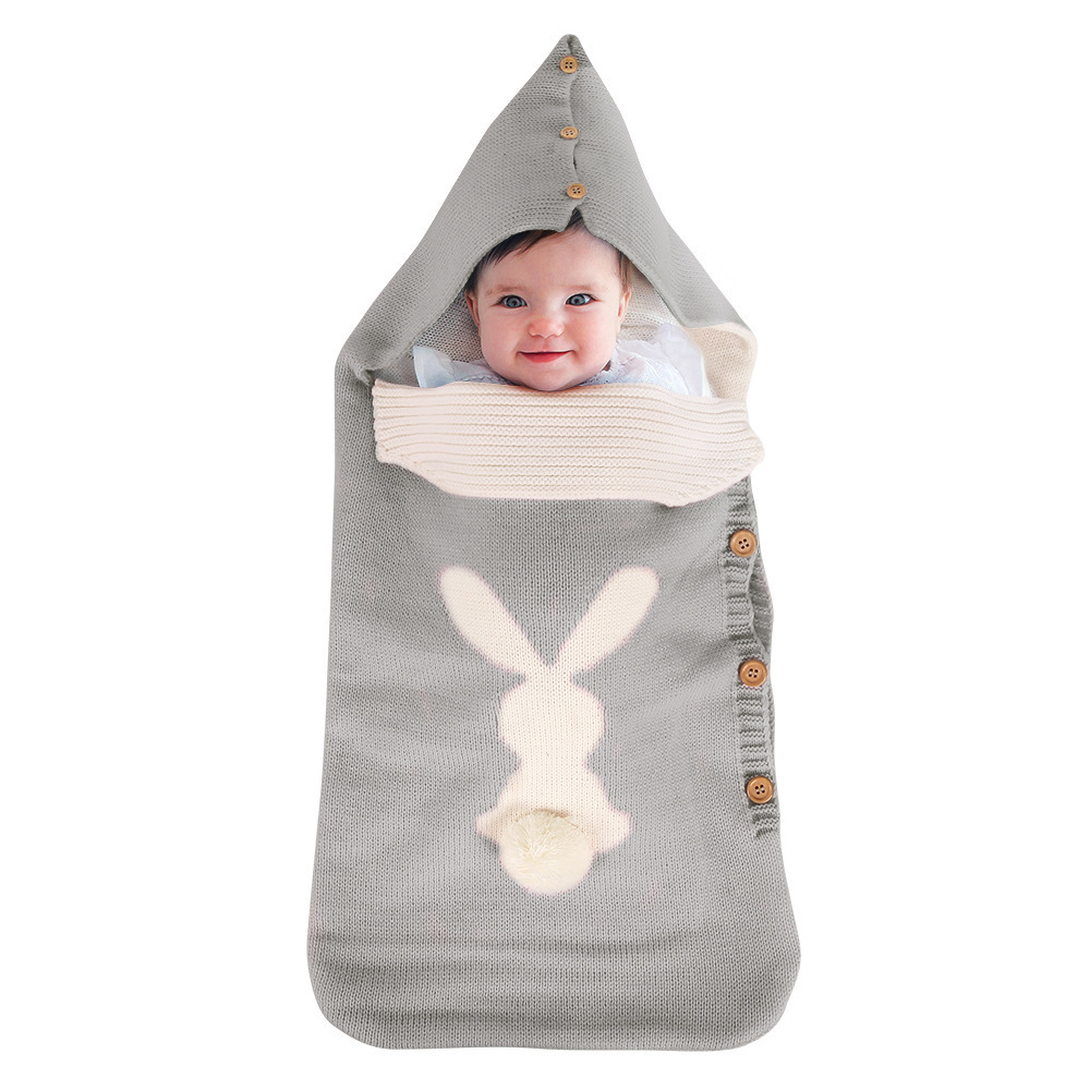 Beautiful Cartoon Rabbit Pattern Baby Sleeping Bag Soft And Warm Knitted Swaddle Blanket For Outdoor Stroller