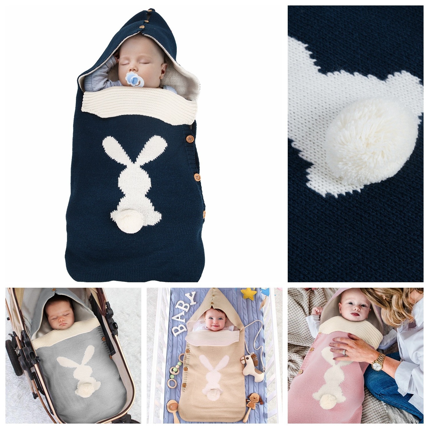 Beautiful Cartoon Rabbit Pattern Baby Sleeping Bag Soft And Warm Knitted Swaddle Blanket For Outdoor Stroller