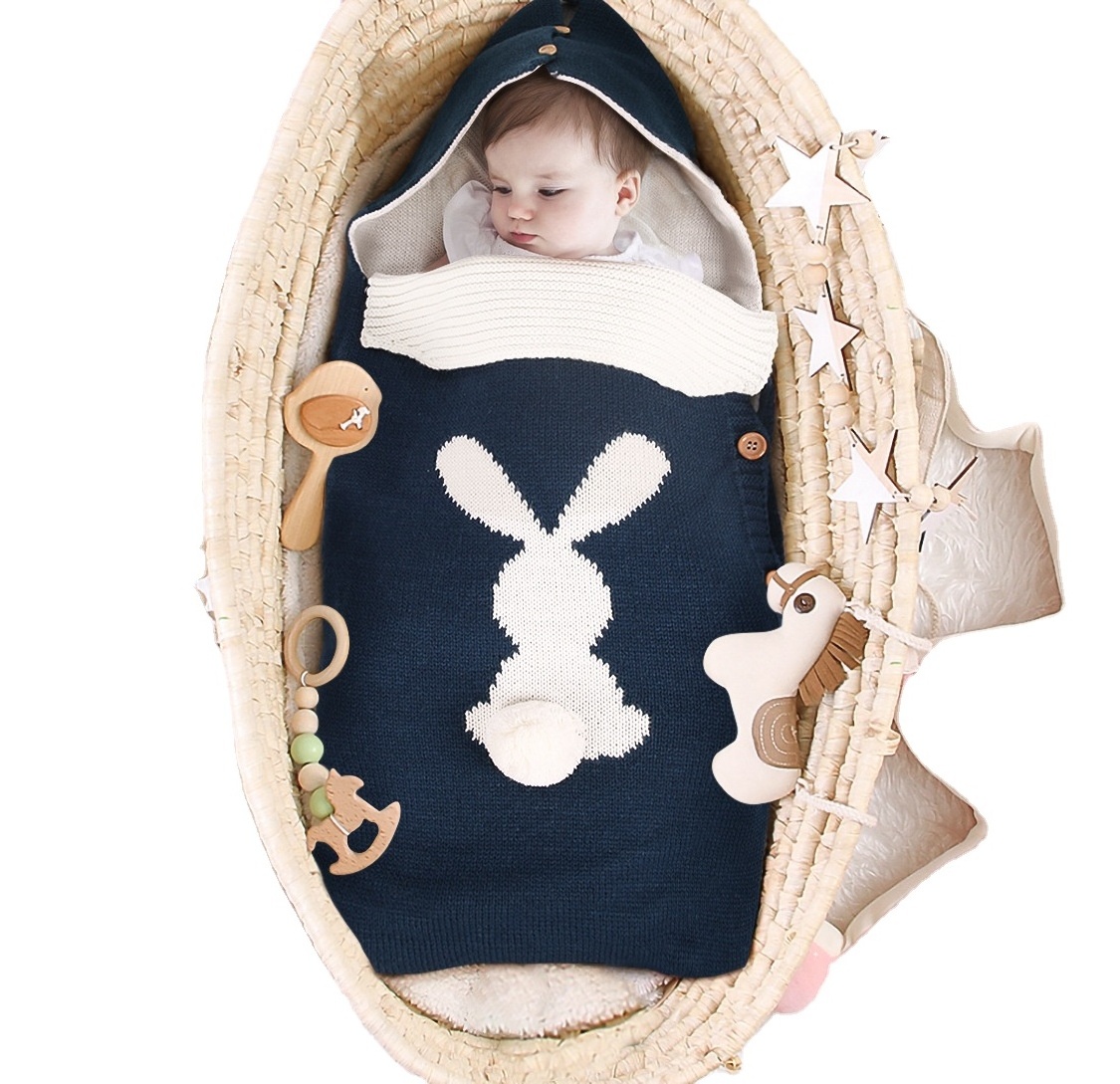 Beautiful Cartoon Rabbit Pattern Baby Sleeping Bag Soft And Warm Knitted Swaddle Blanket For Outdoor Stroller