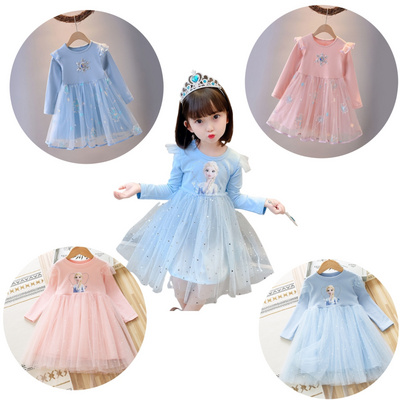 Yiyuan garment baby girls kids beautiful princess tutu tulle dress for birthday party long sleeve o-neck cotton princess dress