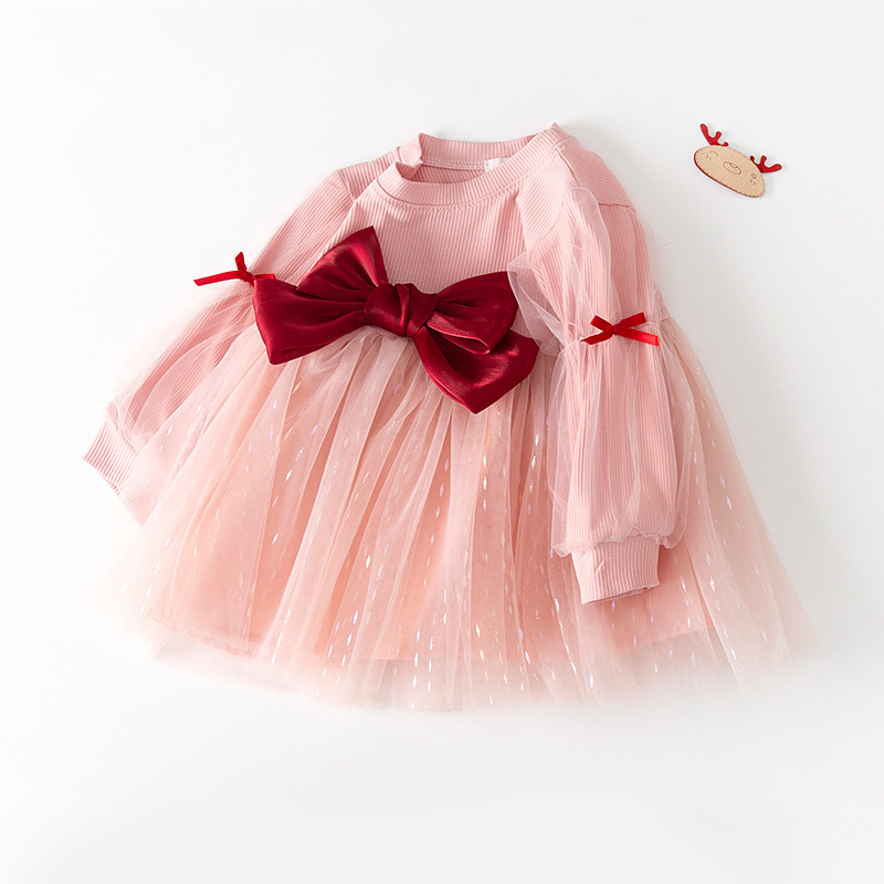 2024 Fashion western dresses baby girl princess frocks newborn dress for girls clothes Red Bow Knot Double Layer Tutu Dress RTS