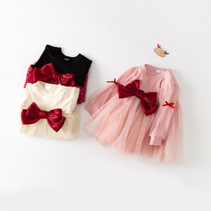 2024 Fashion western dresses baby girl princess frocks newborn dress for girls clothes Red Bow Knot Double Layer Tutu Dress RTS