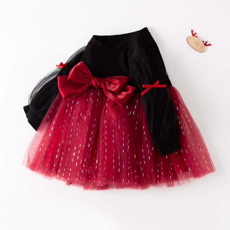 2024 Fashion western dresses baby girl princess frocks newborn dress for girls clothes Red Bow Knot Double Layer Tutu Dress RTS