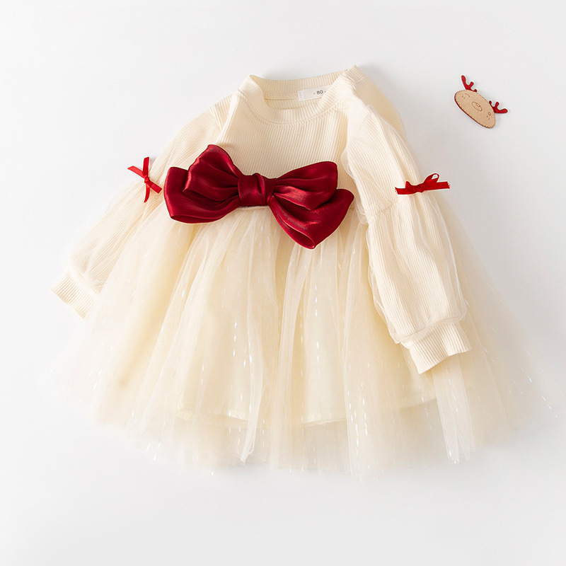 2024 Fashion western dresses baby girl princess frocks newborn dress for girls clothes Red Bow Knot Double Layer Tutu Dress RTS