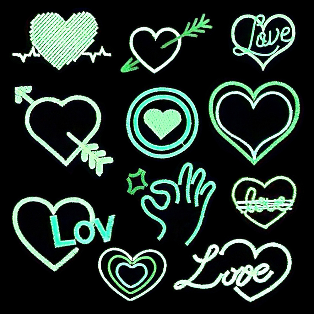 custom glow in dark heart shaped embroidered iron-on backing glue twill fabric patches for clothing