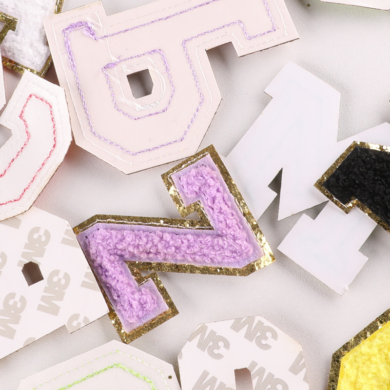 wholesale price A-Z set 5.5cm 8cm iron-on self-adhesive backing custom glitter chenille alphabet patches letter