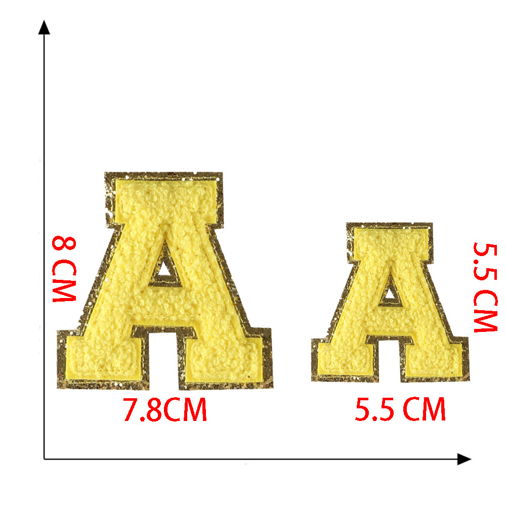 wholesale price A-Z set 5.5cm 8cm iron-on self-adhesive backing custom glitter chenille alphabet patches letter