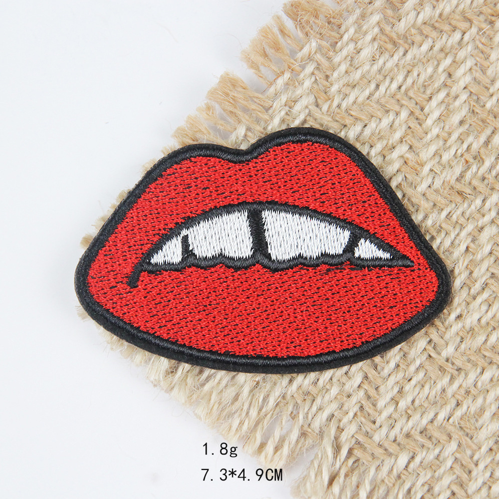 hot sale custom sexy red pink color kiss mouth lips embroidery felt iron on patches for clothes bag