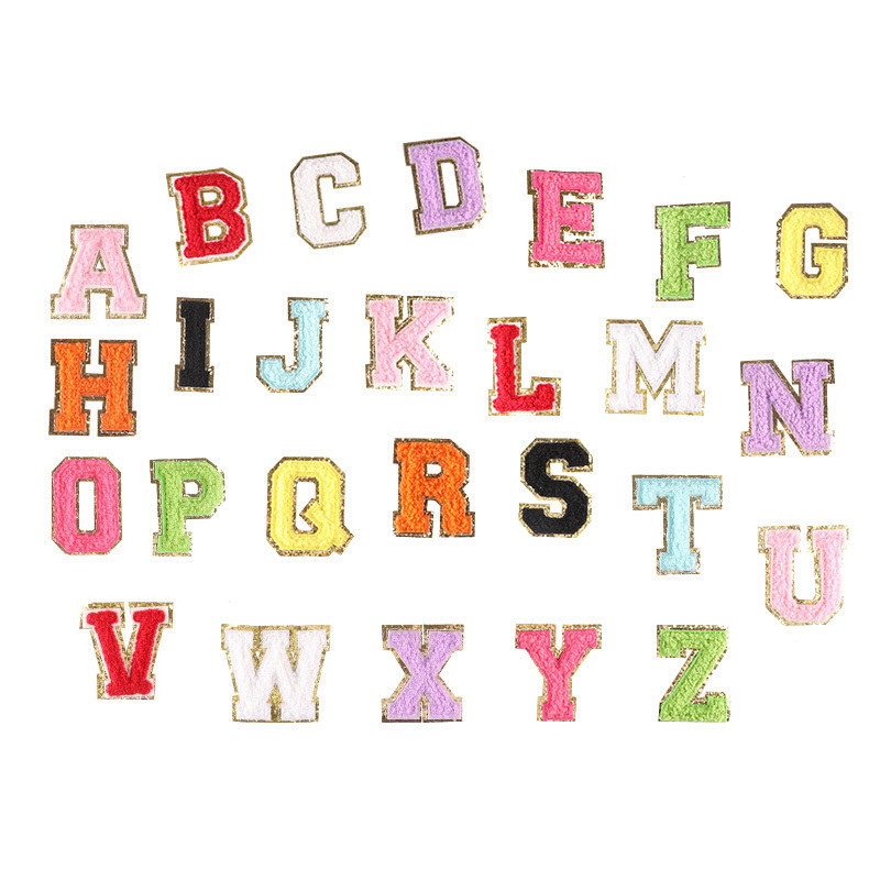 wholesale price A-Z set 5.5cm 8cm iron-on self-adhesive backing custom glitter chenille alphabet patches letter