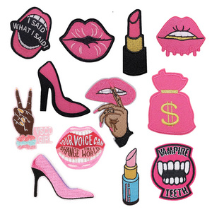 sexy shoes mouth lipstick design iron on embroidery rose pink patches for woman jeans jacket