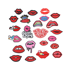 hot sale custom sexy red pink color kiss mouth lips embroidery felt iron on patches for clothes bag