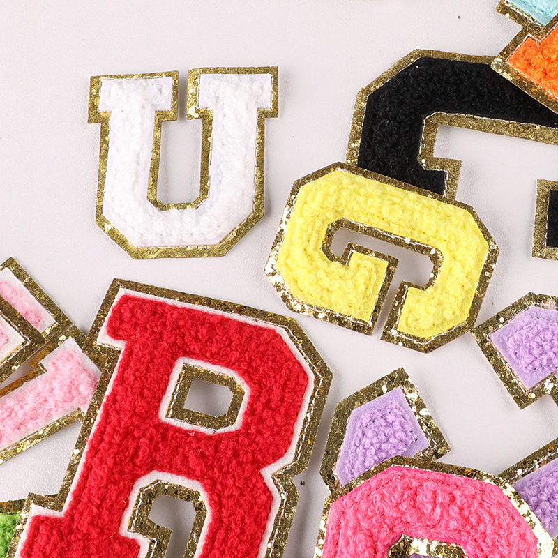 wholesale price A-Z set 5.5cm 8cm iron-on self-adhesive backing custom glitter chenille alphabet patches letter