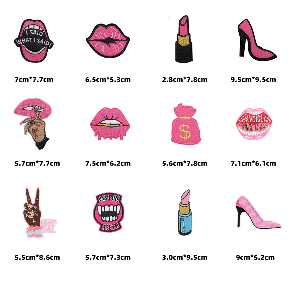 sexy shoes mouth lipstick design iron on embroidery rose pink patches for woman jeans jacket