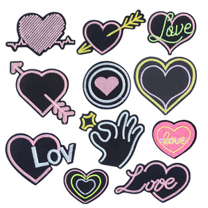 custom glow in dark heart shaped embroidered iron-on backing glue twill fabric patches for clothing