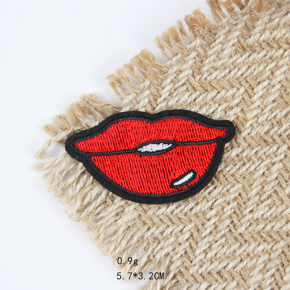 hot sale custom sexy red pink color kiss mouth lips embroidery felt iron on patches for clothes bag