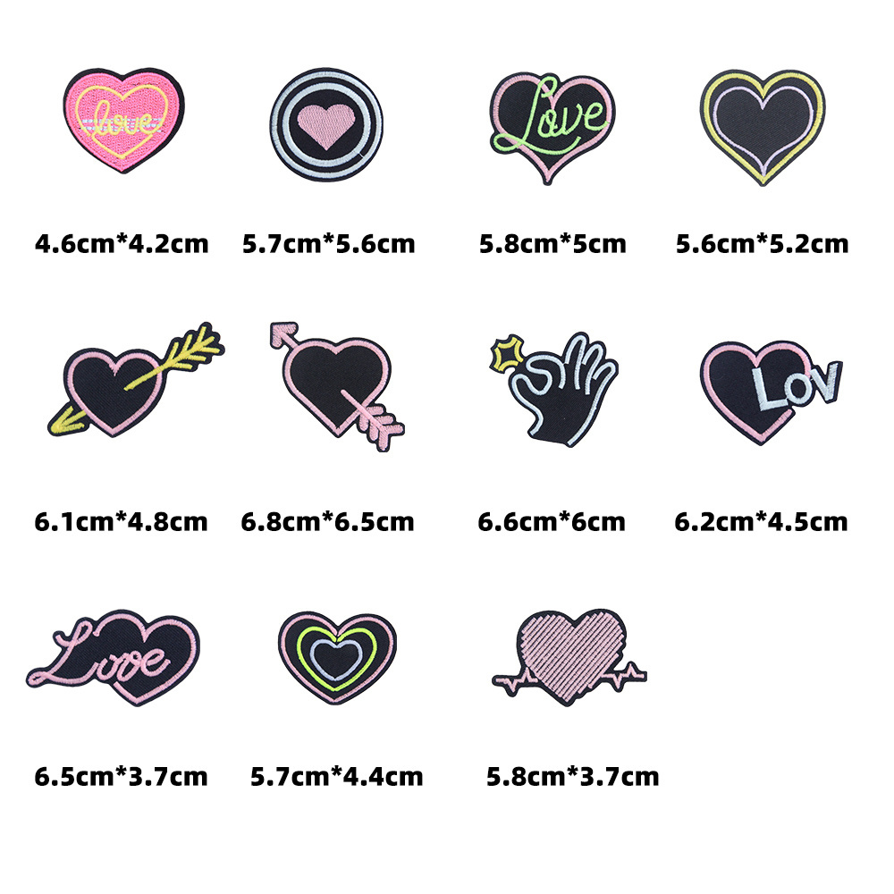 custom glow in dark heart shaped embroidered iron-on backing glue twill fabric patches for clothing