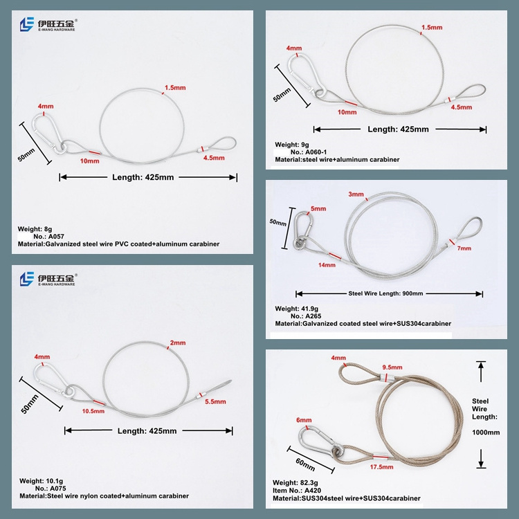 YIWANG Stainless Steel Safety Cable Coated Carabiner Hook Wire Rope Assembly With Loop