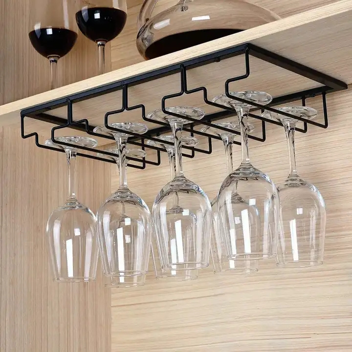 Metal Wine Glass Cup Holder 4 Rows Iron Wall Mount Stemware Hanging Racks Wine Glasses Storage Rack For 8 to 12 Glasses