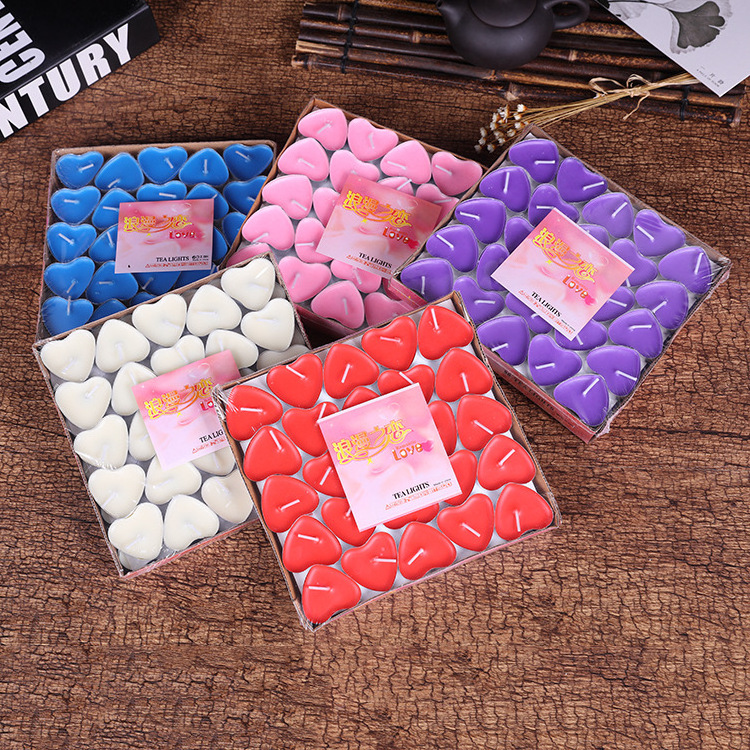 Wholesale aluminum shell scented happy birthday party heart shape candles 50 pieces pack 2 hours pressed paraffin wax candles