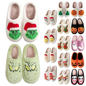 Fall winter indoor home funny warm fluffy skull pumpkin spooky scream holiday Christmas Halloween slippers for women men