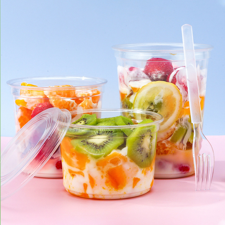 Printed Custom Logo Disposable Salad Yogurt Container Round PET Plastic Clear Fruit Salad Takeaway Large Mixing Bowl with Lids