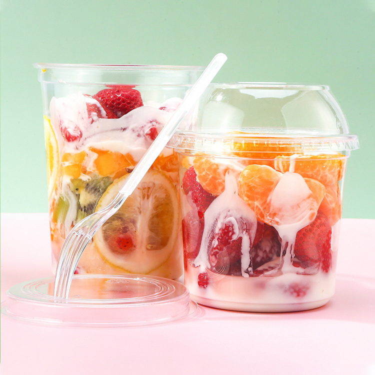 Printed Custom Logo Disposable Salad Yogurt Container Round PET Plastic Clear Fruit Salad Takeaway Large Mixing Bowl with Lids