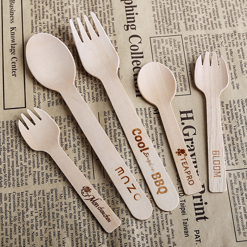 Custom printing logo disposable wooden cutlery knife, fork and spoon