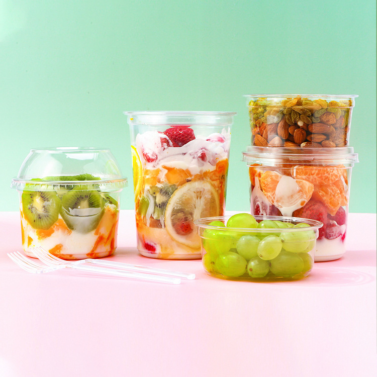 Printed Custom Logo Disposable Salad Yogurt Container Round PET Plastic Clear Fruit Salad Takeaway Large Mixing Bowl with Lids