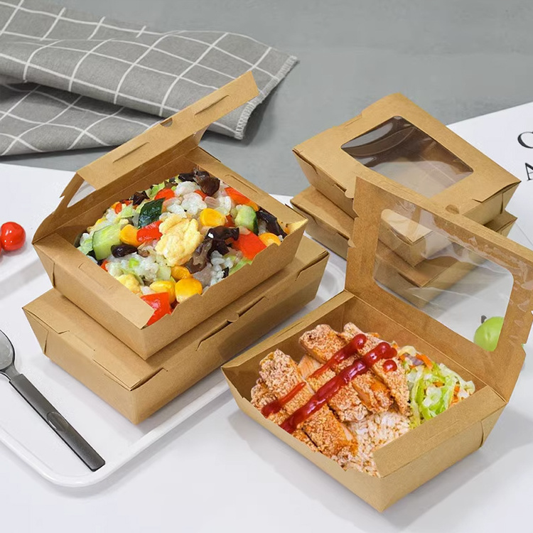 Custom Disposable Food Grade clear Kraft Transparent Open Window Paper Packaging Salad Boxes box with Window