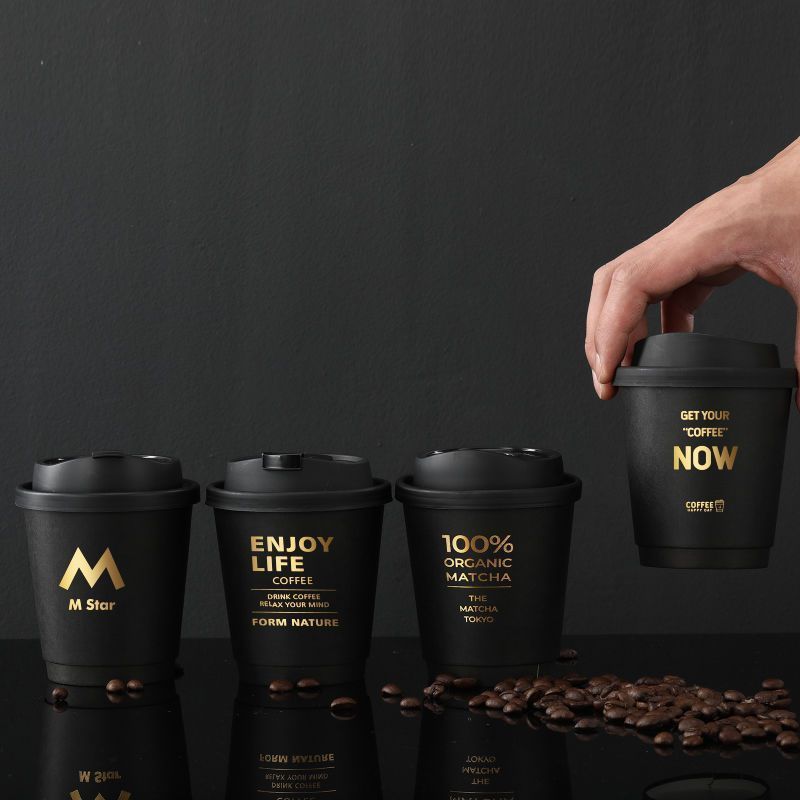 Disposable  gold foil stamping black coffee cup takeaway double wall coffee paper cups with lid